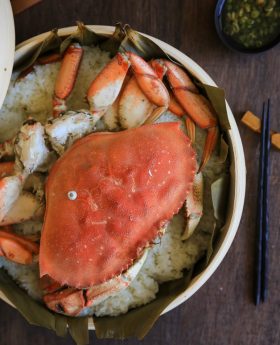 Cantonese style steamed crab over glutinous rice (sticky rice)