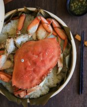 Cantonese style steamed crab over glutinous rice (sticky rice)